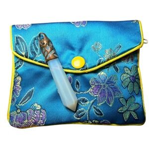 Opalite Pendant Necklace Charm + Silk Brocade Pouch Set Boho